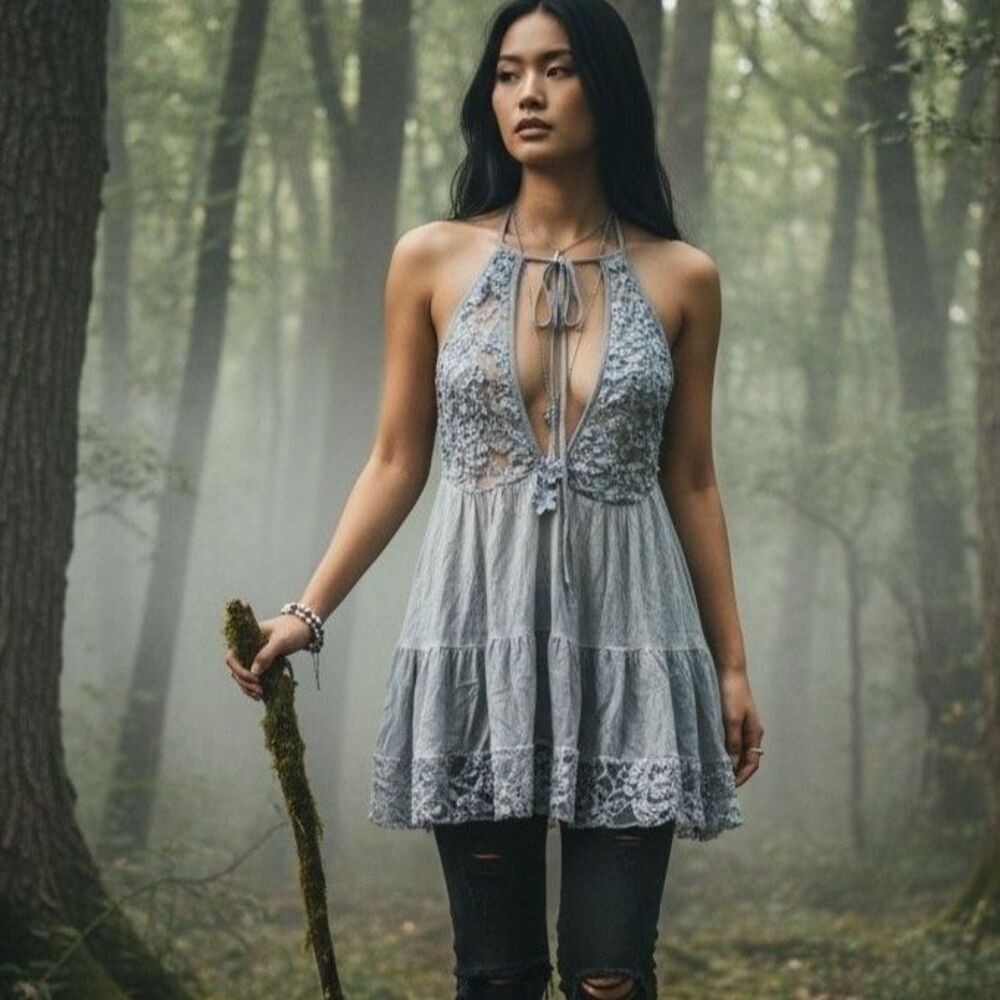Pol Fairy Deep V-neck Tiered Babydoll Mini Dress Womens M Gray Applique Flowers